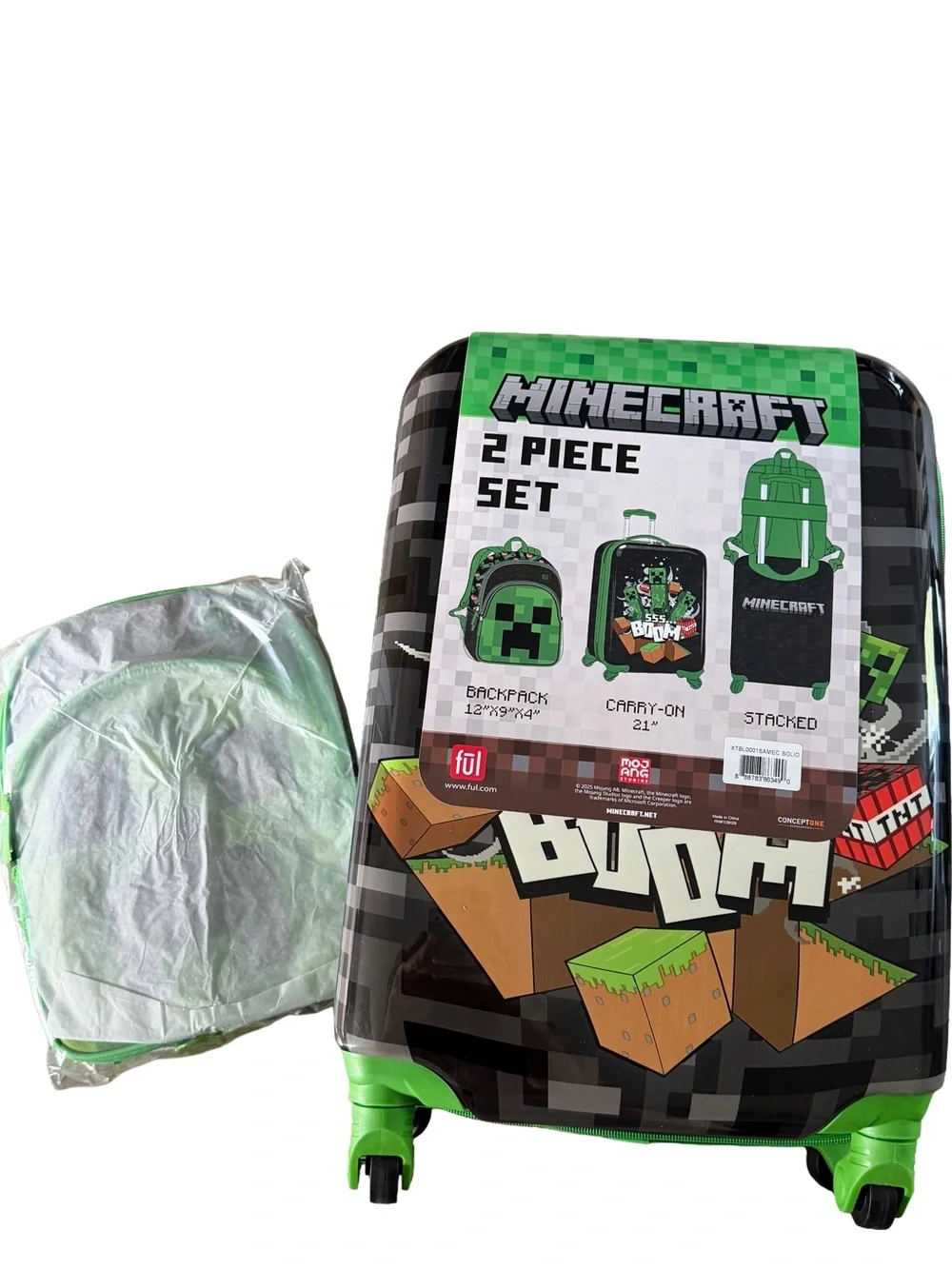 Kids 2-Piece Green Minecraft Creepers Carry On Luggage & Backpack Set